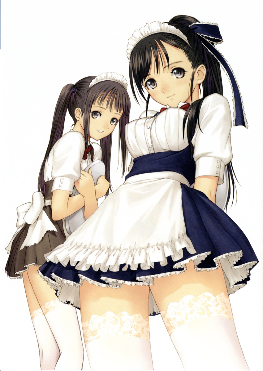 absurdres black_eyes black_hair brown_eyes brown_hair copyright_request crossed_arms hair_ornament highres holding lace lace-trimmed_thighhighs long_hair maid maid_headdress multiple_girls plate ribbon smile tanaka_takayuki thighhighs white_legwear