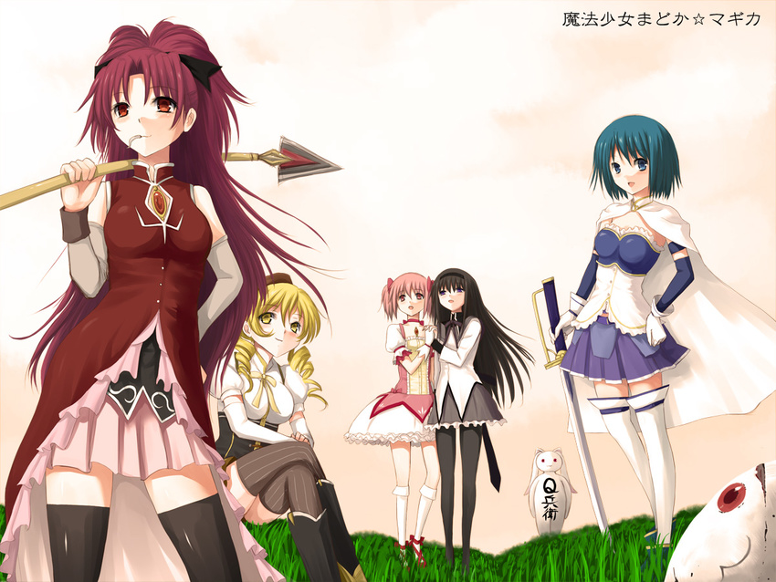 akemi_homura black_hair blonde_hair blue_eyes blue_hair crossed_legs drill_hair grass holding_hands kaname_madoka kyubey long_hair magical_girl mahou_shoujo_madoka_magica miki_sayaka multiple_girls niwatori_kokezou pantyhose pink_eyes pink_hair polearm ponytail purple_eyes red_eyes red_hair sakura_kyouko short_hair sitting spear standing sword tomoe_mami twin_drills twintails weapon yellow_eyes