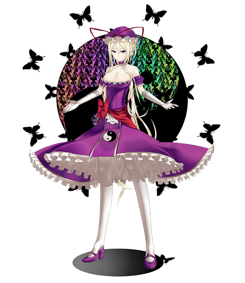 absurdres bare_shoulders bow breasts bug butterfly choker cleavage collarbone dress elbow_gloves gloves hair_bow hair_up high_heels highres insect medium_breasts pantyhose shinoi shoes solo standing touhou white_gloves white_legwear yakumo_yukari yin_yang