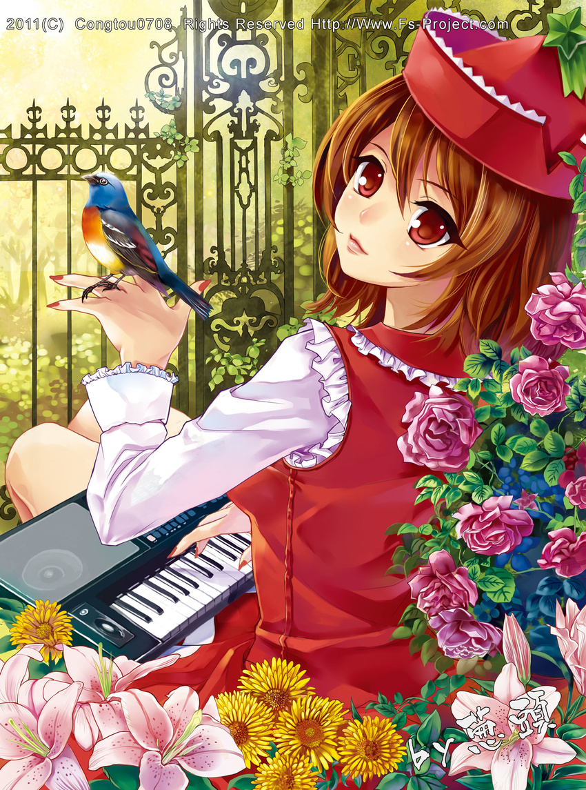 2011 bad_id bad_pixiv_id bangs bird bird_on_hand bird_request blouse brown_eyes brown_hair daisy fence fingernails flower frills from_behind fs-project garden gate hat highres instrument ironwork keyboard_(instrument) knees_together leaf lily_(flower) lips long_fingernails long_sleeves looking_at_viewer looking_back lyrica_prismriver nail_polish pink_flower pink_rose plant red_hat red_nails red_skirt red_vest rose rose_bush short_hair sitting skirt skirt_set solo star touhou vest watermark web_address white_blouse