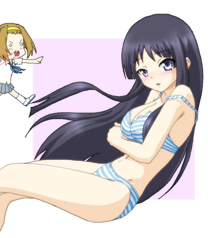 akiyama_mio black_eyes black_hair blood bra chibi chibi_inset hayashiya_zankurou highres k-on! lingerie long_hair multiple_girls nosebleed panties school_uniform striped striped_bra striped_panties tainaka_ritsu underwear underwear_only