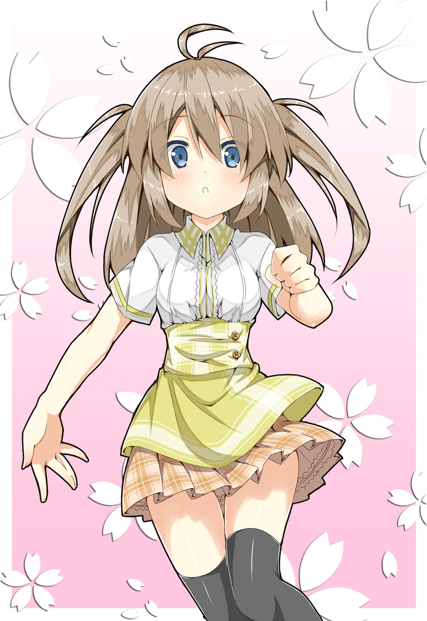 anna_miller apron black_legwear black_thighhighs blue_eyes blush brown_hair dress female gradient gradient_background hatsunatsu highres long_hair open_mouth original plant running skirt solo thighhighs waitress