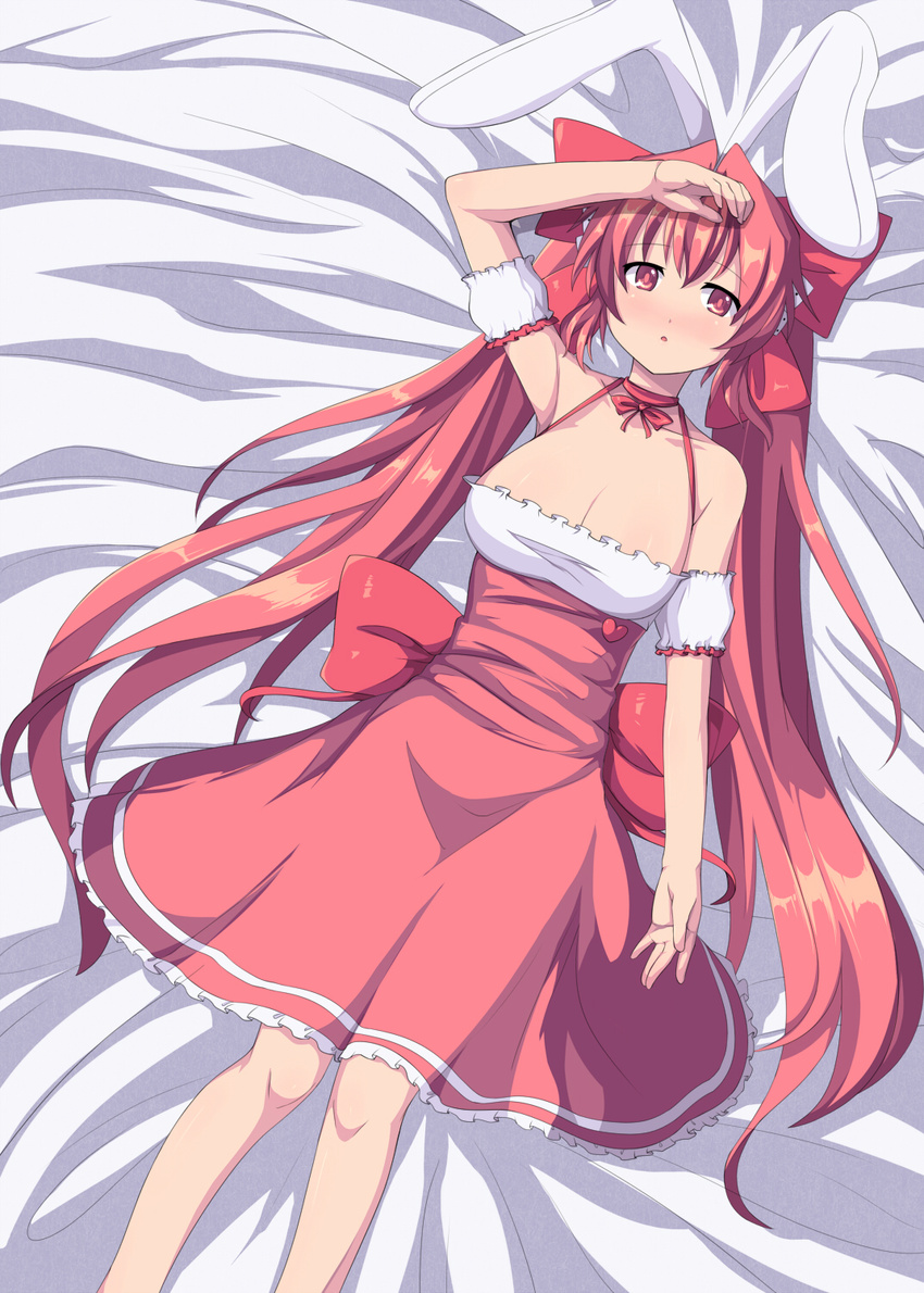animal_ears arms_up bare_shoulders blush breasts bunny_ears cleavage di_gi_charat hair_ribbon highres large_breasts long_hair lying red_eyes red_hair red_ribbon ribbon saiste solo twintails usada_hikaru