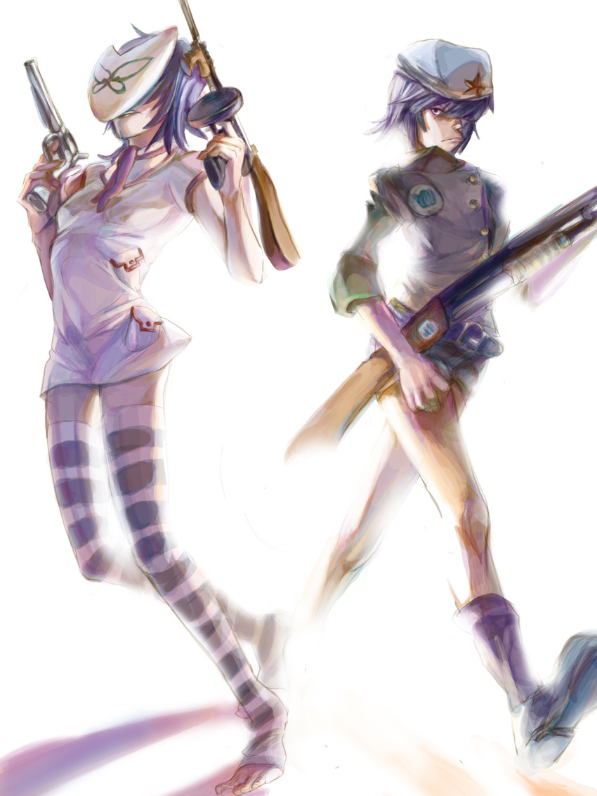 2girls barefoot boots cyborg_noodle dual_wield dual_wielding food gorillaz gun guns highres legwear mask multiple_girls noodle noodle_(gorillaz) noodles serious simple_background stockings thighhighs weapon white_background