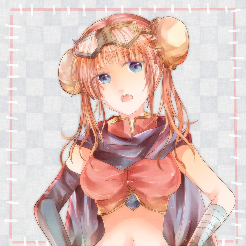 bad_id bad_pixiv_id bandages blue_eyes breasts bun_cover chinese_clothes double_bun gintama goggles highres kagura_(gintama) large_breasts long_hair midriff mizumori_(xcllcx) navel open_mouth red_hair solo twintails