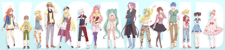 6+girls ahoge alternate_costume argyle argyle_legwear arm_warmers belt black_legwear black_scarf boots bow bracelet choker clover dress everyone fashion four-leaf_clover glasses gloves green_hair gumi hair_bow hair_ornament hair_over_one_eye hairclip haru_susaku hat hatsune_miku headphones high_heels highres hiyama_kiyoteru jewelry kaai_yuki kagamine_len kagamine_rin kaito kamui_gakupo knee_boots lily_(vocaloid) long_hair long_image megurine_luka meiko multiple_boys multiple_girls necklace nekomura_iroha one_eye_closed open_mouth pantyhose ponytail ryuuto_(vocaloid) scarf sf-a2_miki shoes skirt socks thighhighs twintails utatane_piko very_long_hair vocaloid wide_image yellow_scarf