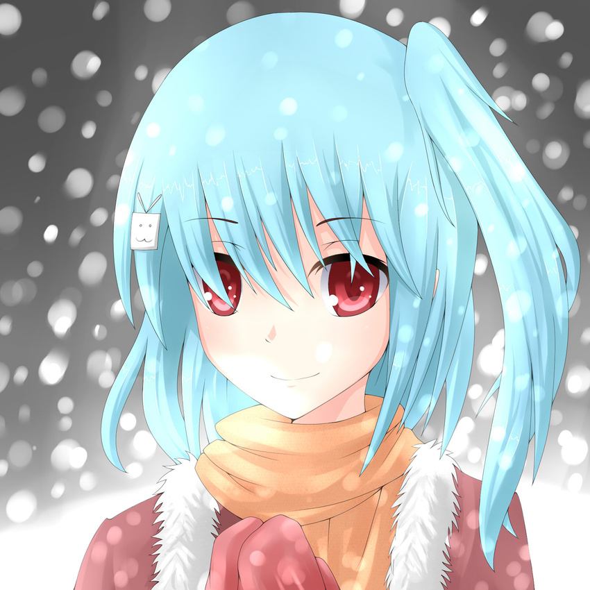 aqua_hair bad_id bad_pixiv_id bili_girl_33 bilibili_douga cold gosledging hair_ornament highres mittens red_eyes scarf side_ponytail smile snow snowing solo upper_body