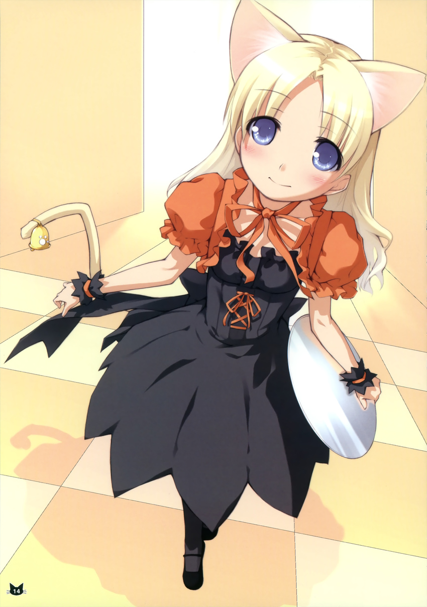 absurdres animal_ears bell blonde_hair blue_eyes blush cat_ears cat_tail flat_chest highres long_hair looking_up ooji original pantyhose ribbon skirt smile solo tail tray waitress
