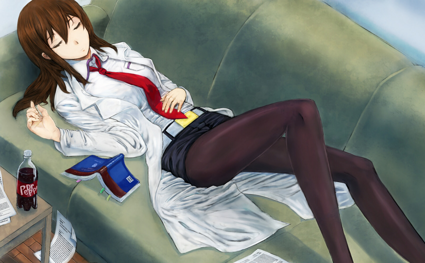 book brown_hair closed_eyes dr_pepper highres jacket jyairo labcoat legwear_under_shorts long_hair makise_kurisu necktie pantyhose red_neckwear shorts sleeping soda solo steins;gate