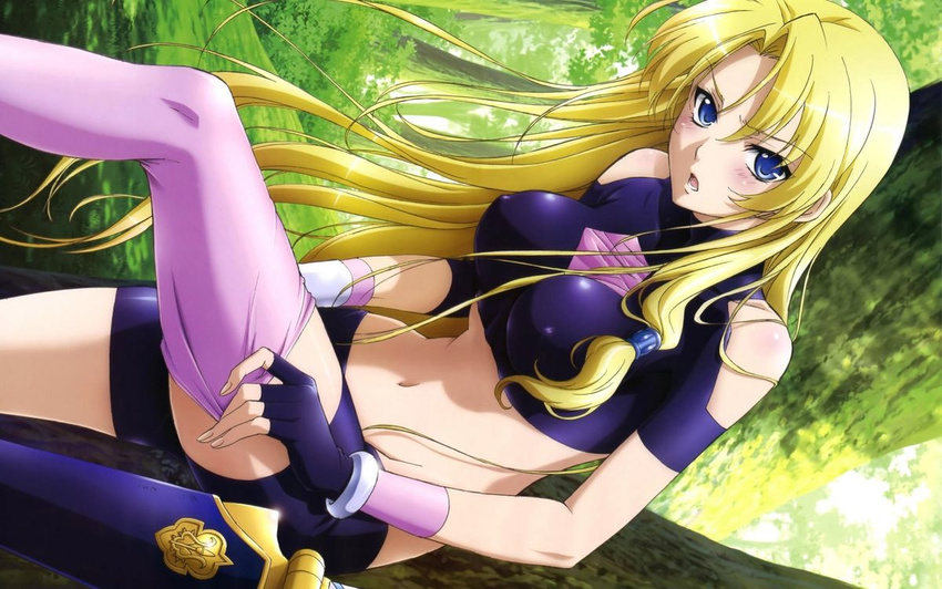 1girl angry bare_shoulders blonde_hair blue_eyes blush breasts densetsu_no_yuusha_no_densetsu dressing erect_nipples ferris_eris fingerless_gloves gloves large_breasts legs long_hair looking_at_viewer midriff navel open_mouth sitting solo sword thighs tree weapon
