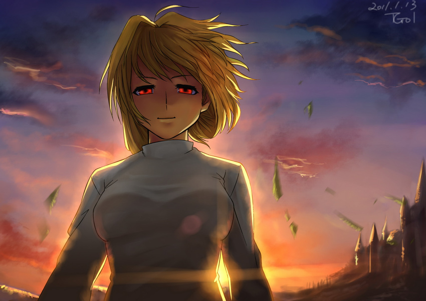 2011 arcueid_brunestud backlighting blonde_hair castle cloud light_smile red_eyes short_hair signature sky smile solo sunset sweater taii_gp01 tsukihime turtleneck upper_body wind