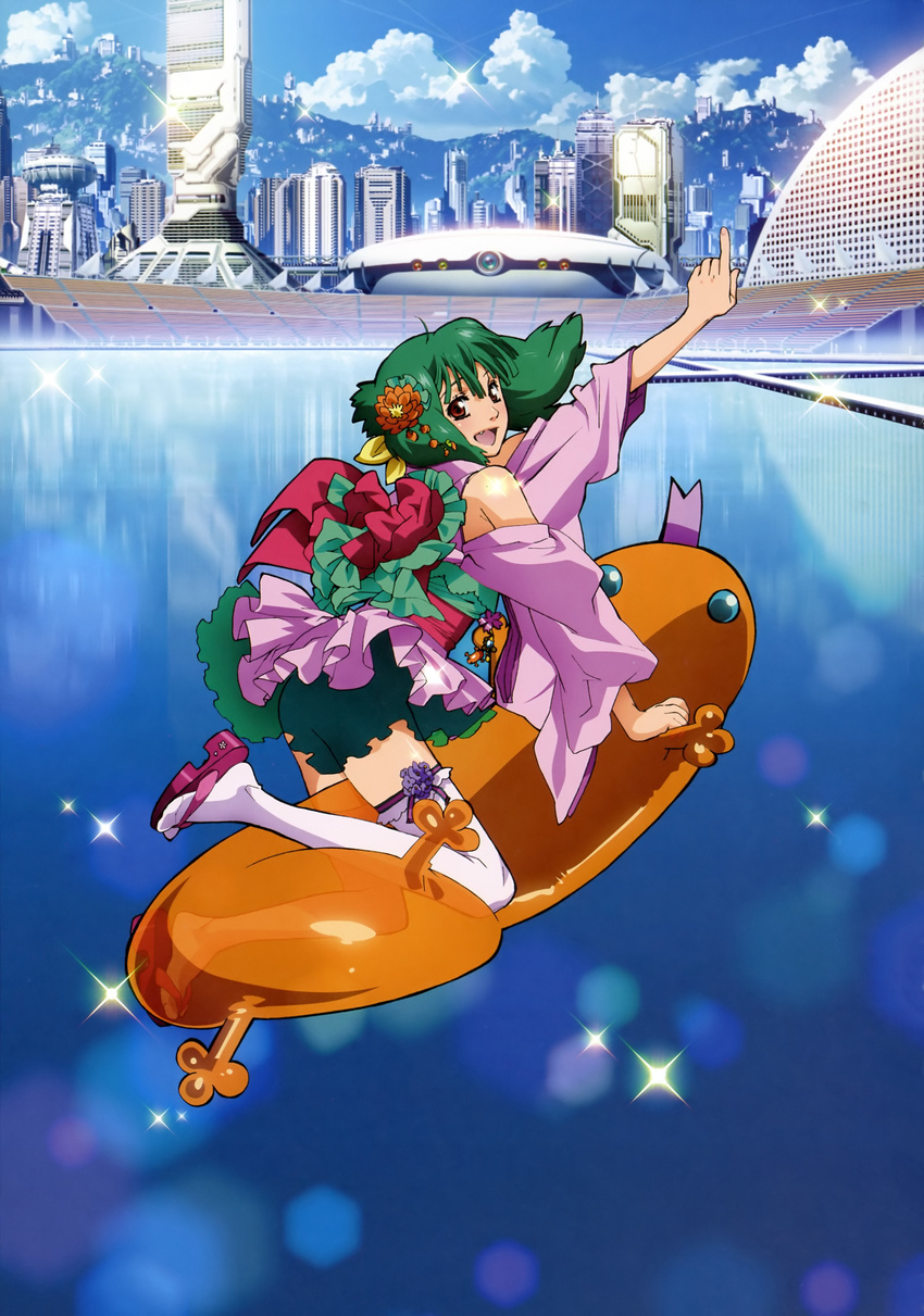 absurdres artist_request building city detached_sleeves fang green_hair highres japanese_clothes kimono macross macross_frontier macross_frontier:_itsuwari_no_utahime open_mouth ranka_lee red_eyes science_fiction see-through short_hair smile solo thighhighs