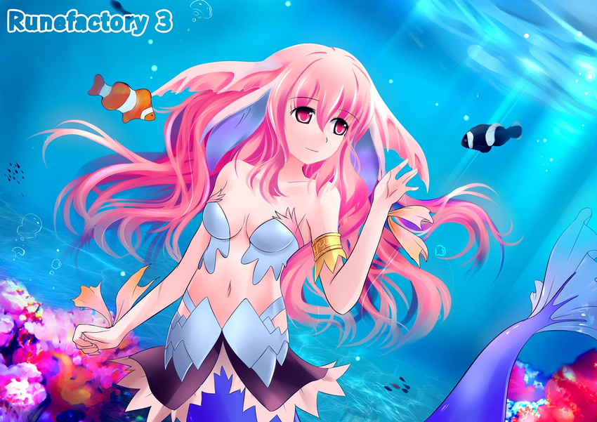 animal_ears armband armlet bubble catstudioinc_(punepuni) caustics clownfish copyright_name dutch_angle fish head_fins light_rays light_smile long_hair mermaid midriff monster_girl navel persia_(rune_factory) pink_hair reaching red_eyes rune_factory rune_factory_3 solo sunbeam sunlight underwater