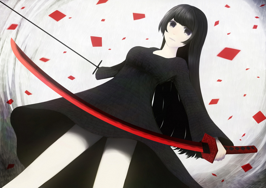 black_eyes black_hair dress long_hair sakimori sword weapon