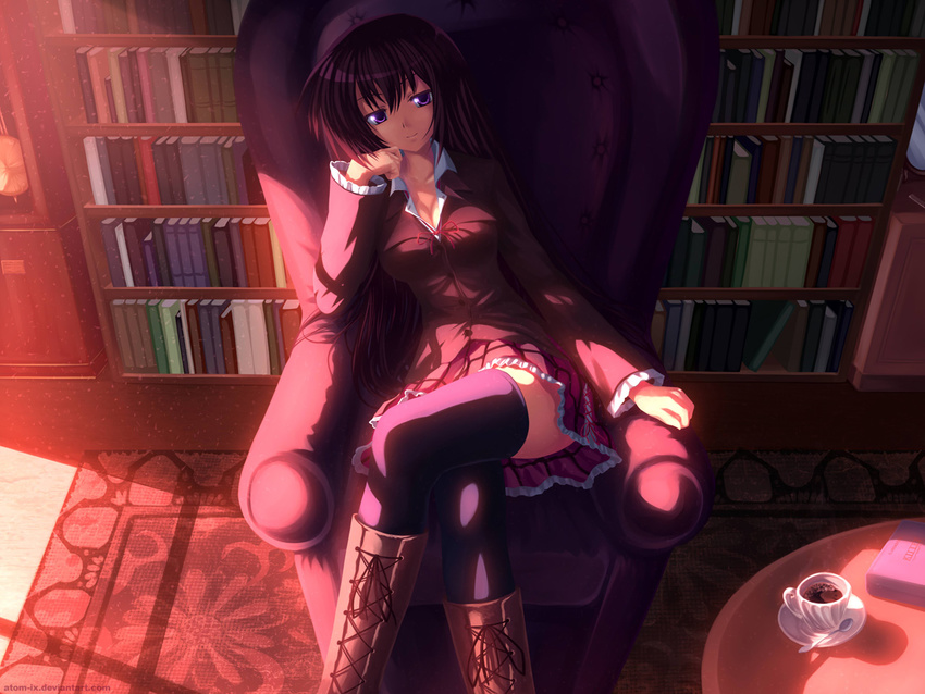 akaba_chizuru armchair atomix black_hair black_legwear book bookshelf boots breasts chair cleavage cross-laced_footwear crossed_legs cup knee_boots lace-up_boots light long_hair medium_breasts purple_eyes room seitokai_no_ichizon shade sitting solo teacup thighhighs window_shade