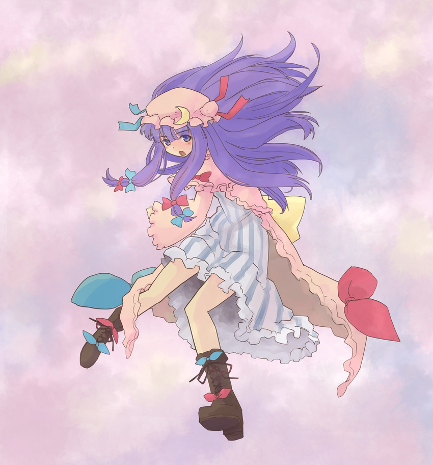 blue_eyes boots crescent highres legs long_hair patchouli_knowledge pinzu purple_hair solo touhou