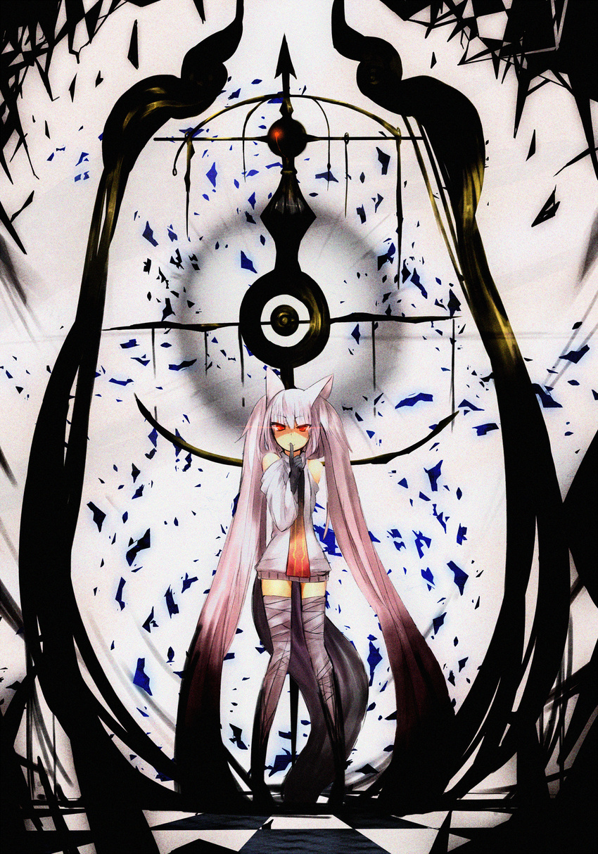 animal_ears bad_id bad_pixiv_id bare_shoulders detached_sleeves finger_to_mouth ganesagi gloves glowing glowing_eyes grief_seed highres kyubey long_hair mahou_shoujo_madoka_magica personification red_eyes smile solo thighhighs very_long_hair zettai_ryouiki