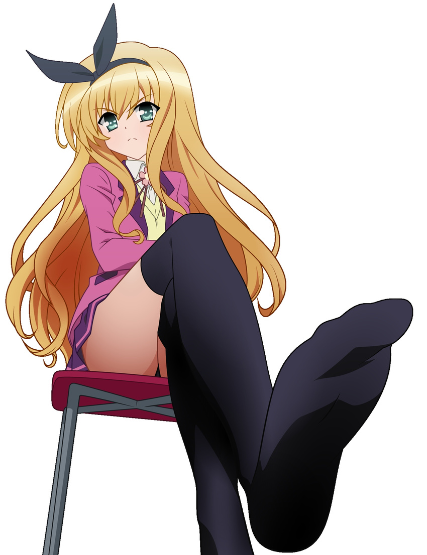 blonde_hair blush feet female footwear green_eyes highres isurugi_mio legs legs_crossed long_hair miniskirt mm! school_uniform simple_background sit sitting skirt socks soles solo thighs vector vector_trace white_background