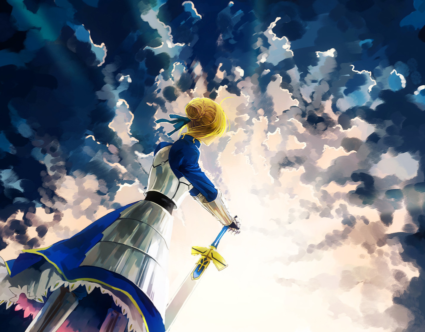 armor artoria_pendragon_(all) bad_id bad_pixiv_id blonde_hair dutch_angle excalibur fate/stay_night fate_(series) from_behind gauntlets hair_bun hali hands_on_hilt ribbon saber short_hair sky solo sword weapon
