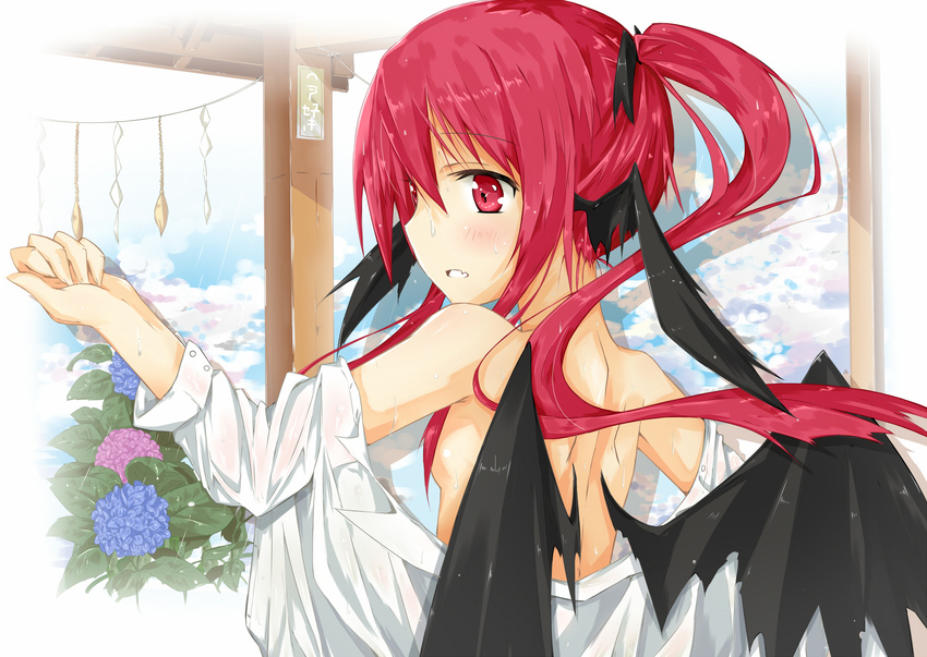 alternate_hairstyle back bare_back bare_shoulders bat_wings breasts dress_shirt fang flower from_behind hair_over_breasts hair_ribbon head_wings highres hydrangea kitsune_(scaz) koakuma long_hair off_shoulder rain red_eyes red_hair ribbon shide shirt side_ponytail sideboob sidelocks small_breasts solo touhou undressing upper_body wet wet_clothes wings