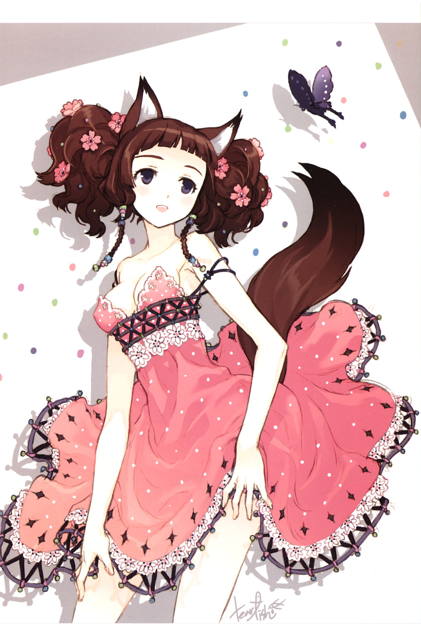 absurdres animal_ears bare_shoulders blue_eyes braid breasts brown_hair bug butterfly cleavage dress face flower fox_ears fox_tail hair_flower hair_ornament highres insect long_hair looking_up medium_breasts open_mouth original pink_dress scan skirt skirt_lift smile solo tail tearfish twin_braids