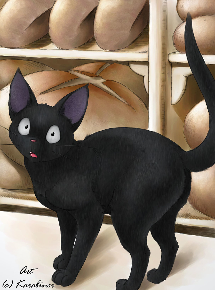 2005 a_cat_is_fine_too all_fours bakery black bread cat fang feline feral jiji karabiner kiki's_delivery_service looking_at_viewer male solo tail whiskers