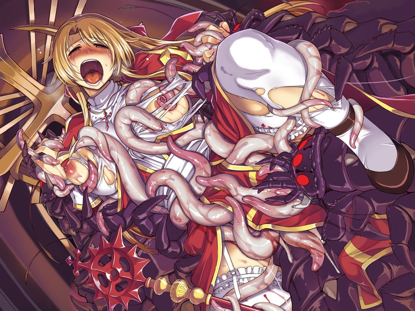 blonde_hair blush breasts cross eyes_closed high_priest highres insect large_breasts long_hair monster open_mouth ragnarok_online rape saliva tears tentacle torn_clothes xration