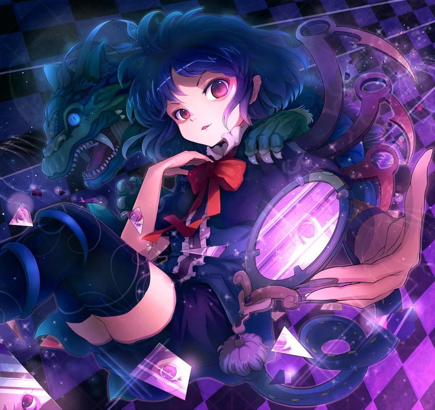 asymmetrical_wings bad_id bad_pixiv_id black_hair black_legwear checkered checkered_floor fingernails glass hand_mirror hands houjuu_nue long_fingernails looking_at_viewer mirror monster nail_polish nue pink_eyes purple_eyes reflection sanntouhei short_hair solo thighhighs touhou wings