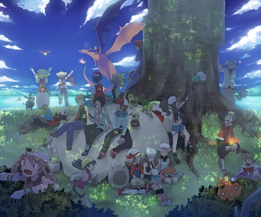 6+girls ? alternate_costume backwards_hat bag bandana baseball_cap bel_(pokemon) beret bird black_hair blonde_hair blue_(pokemon) blue_eyes blue_hair brown_eyes brown_hair bulbasaur bush charizard cheren_(pokemon) chikorita chimchar closed_eyes comb crystal_(pokemon) cyndaquil everyone flying gen_1_pokemon gen_2_pokemon gen_3_pokemon gen_4_pokemon gen_5_pokemon glasses gloves gold_(pokemon) green_hair gyarados haruka_(pokemon) hat heart hikari_(pokemon) ho-oh holding holding_pokemon inaeda_kei jun_(pokemon) kotone_(pokemon) kouki_(pokemon) legendary_pokemon minaki_(pokemon) mitsuru_(pokemon) mudkip multiple_boys multiple_girls n_(pokemon) nature odamaki_sapphire ookido_green oshawott penguin pikachu piplup pokemon pokemon_(creature) pokemon_(game) pokemon_bw pokemon_dppt pokemon_emerald pokemon_frlg pokemon_gsc pokemon_hgss pokemon_on_head pokemon_on_lap pokemon_rgby pokemon_rse pokemon_special ralts red_(pokemon) red_(pokemon_rgby) red_hair scarf silver_(pokemon) sleeping snivy snorlax squirtle suicune tepig torchic totodile touko_(pokemon) touya_(pokemon) tree treecko turtwig winter_clothes yellow_(pokemon) yuuki_(pokemon) zorua