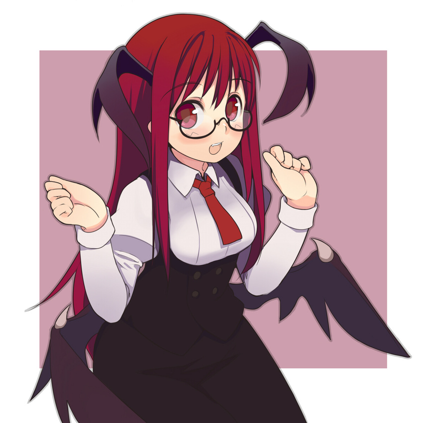 :d bat_wings bespectacled blush fang glasses head_wings highres koakuma long_hair necktie open_mouth oza_watto red_eyes red_hair red_neckwear smile solo touhou wings