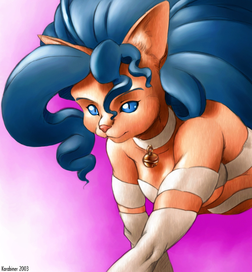 2003 bell_collar blue_eyes blue_hair cat collar darkstalkers felicia_(darkstalkers) feline female hair karabiner solo
