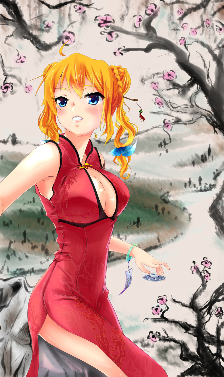absurdres aizawa_hikaru bare_shoulders blonde_hair blue_eyes bracelet breasts china_dress chinese_clothes chinese_new_year cleavage cleavage_cutout double_bun dress highres initial_f jewelry large_breasts microsoft river rock side_slit silverlight solo tree