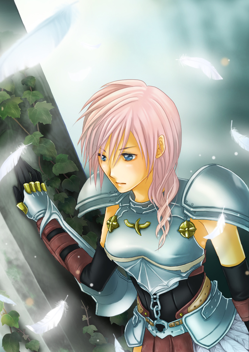 armor artist_request blue_eyes breastplate feathers final_fantasy final_fantasy_xiii final_fantasy_xiii-2 highres lightning_farron pink_hair solo