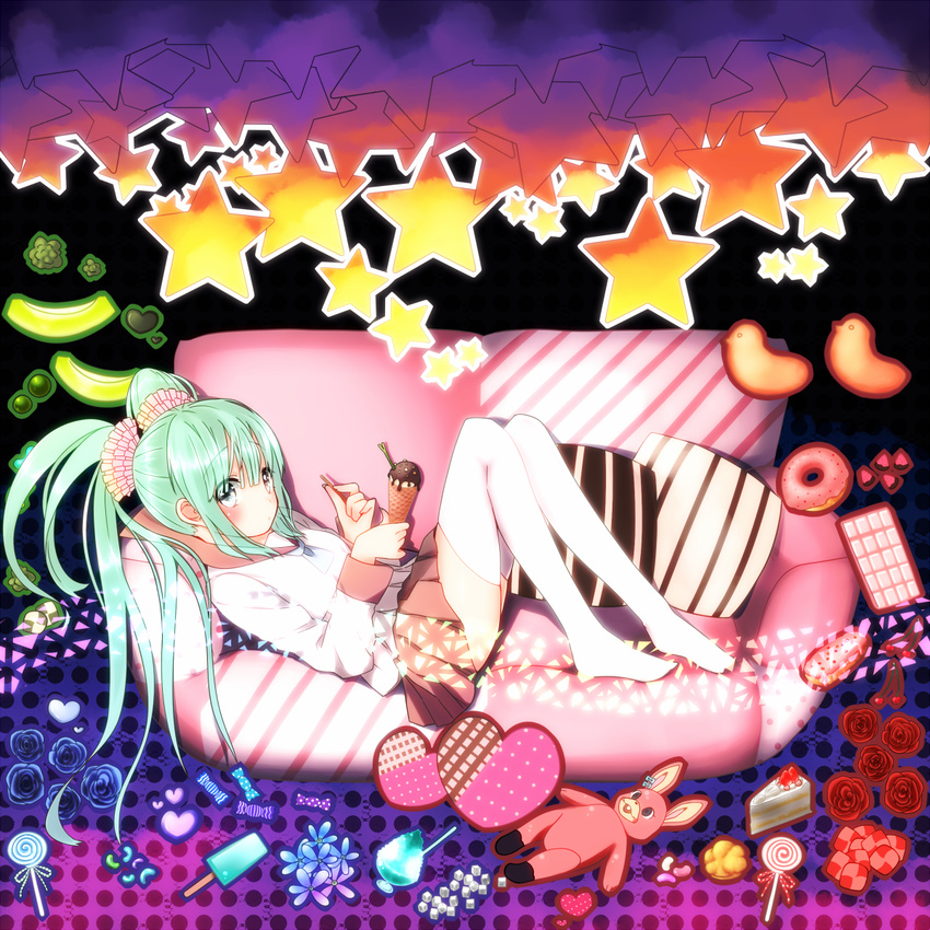 apollo_chocolate bad_id bad_pixiv_id blue_flower blue_rose bunny cake candy checkerboard_cookie cherry cookie couch cream_puff cushion doughnut flower food fruit green_eyes green_hair hatsune_miku heart highres hiyoko_manjuu ice_cream ice_cream_cone jelly_bean konpeitou lollipop long_hair lots_of_laugh_(vocaloid) pokachu popsicle red_flower red_rose rose school_uniform serafuku shaved_ice skirt solo spring_onion star stuffed_animal stuffed_toy sweets swirl_lollipop thighhighs twintails vocaloid