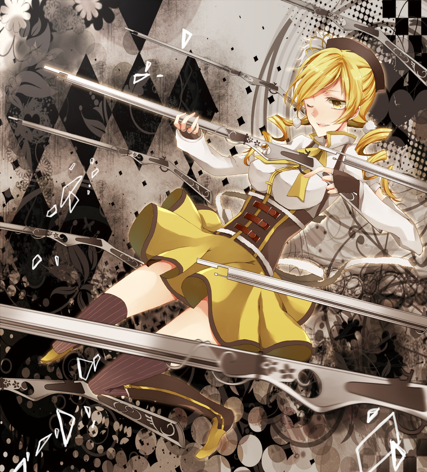 argyle argyle_background bad_id bad_pixiv_id beret blonde_hair boots breasts broken_glass checkered checkered_background corset drill_hair fingerless_gloves glass gloves gun hair_ornament hat heart highres magical_girl magical_musket mahou_shoujo_madoka_magica medium_breasts noka_(blackheart1118) one_eye_closed pleated_skirt puffy_sleeves rifle skirt smile solo thighhighs tomoe_mami weapon yellow_eyes