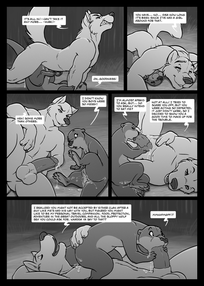 anthro anthro_on_feral arched_back balls_deep bestiality canine clenched_teeth comic cum cum_in_pussy cum_inside fellatio female feral flat_chested greyscale happy happy_sex humanoid_penis interspecies male mammal monochrome mustelid nude oral oral_sex orgasm otter penetration penis semi-anthro sex straight teeth the_one_that_got_away thick_tail wolf