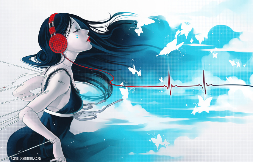 android black_hair blue_eyes bug butterfly closed_eyes doll_joints dress headphones insect lifeline lips long_hair musical_note original pale_skin profile qinni solo tattoo waveform