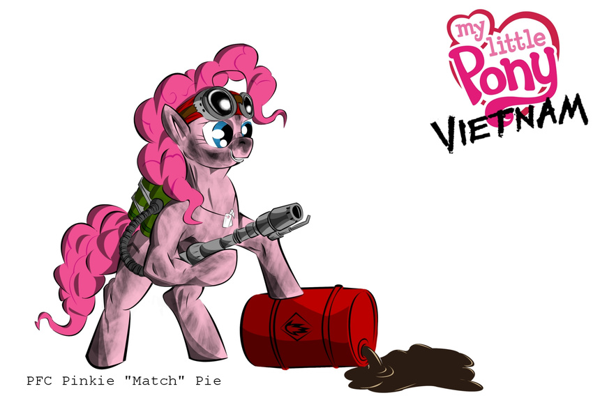 dog_tags equine evil_grin eyewear female feral flame_thrower flamethrower friendship_is_magic fur goggles hair horse mammal my_little_pony oil oil_drum pink_fur pink_hair pinkie_pie_(mlp) plain_background pony ranged_weapon slasher_smile smile solo unknown_artist vietnam weapon white_background