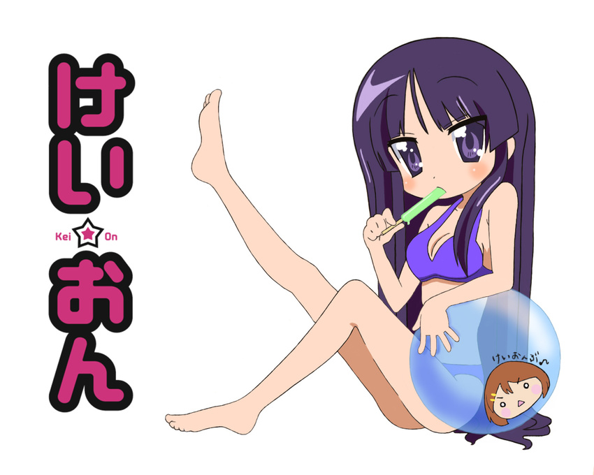 akiyama_mio ball bangs bare_arms bare_legs bare_shoulders barefoot beachball bikini black_eyes black_hair blue_bikini blush breasts cleavage dongu-riko dot_nose eyebrows_visible_through_hair food from_side full_body hirasawa_yui holding holding_ball holding_food k-on! leg_lift long_hair looking_at_viewer looking_to_the_side lucky_star medium_breasts parody popsicle raised_eyebrows simple_background sitting style_parody swimsuit title_parody translated tsurime very_long_hair white_background