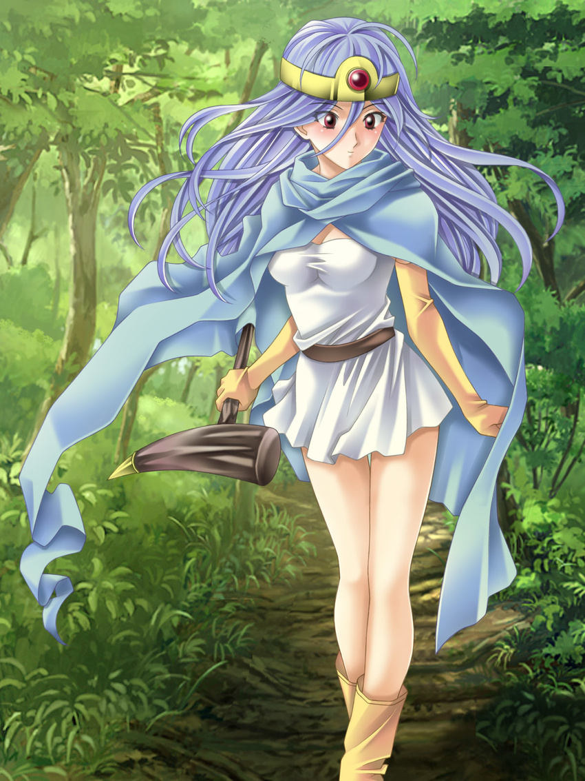 belt blue_hair boots cape circlet dragon_quest dragon_quest_iii dress forest highres long_hair nature red_eyes sage_(dq3) solo staff tamamon