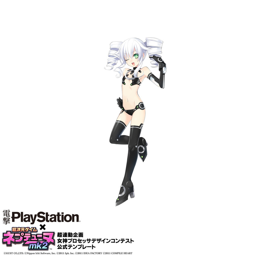 ;d armpits bangs bare_shoulders black_footwear black_gloves black_legwear black_sister boots choujigen_game_neptune_mk2 company_name copyright_name dated drill_hair elbow_gloves emblem flat_chest from_side full_body gloves green_eyes groin hair_between_eyes high_heel_boots high_heels highres leg_lift logo looking_at_viewer magical_girl midriff navel neptune_(series) o-ring o-ring_top official_art one_eye_closed open_mouth power_symbol revealing_clothes sidelocks smile solo standing standing_on_one_leg symbol-shaped_pupils thighhighs tsunako turtleneck twin_drills v-shaped_eyebrows white_hair