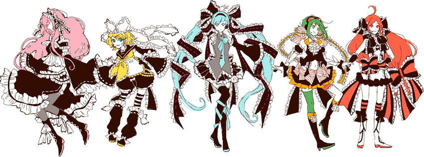 ahoge aqua_eyes aqua_hair bad_id bad_pixiv_id blonde_hair boots frills green_eyes green_hair gumi hair_ornament hair_ribbon hairclip hatsune_miku headphones headset highres kagamine_rin long_hair mam233 megurine_luka multiple_girls pink_hair red_eyes red_hair ribbon sf-a2_miki short_hair simple_background skirt smile thighhighs twintails very_long_hair vocaloid zettai_ryouiki