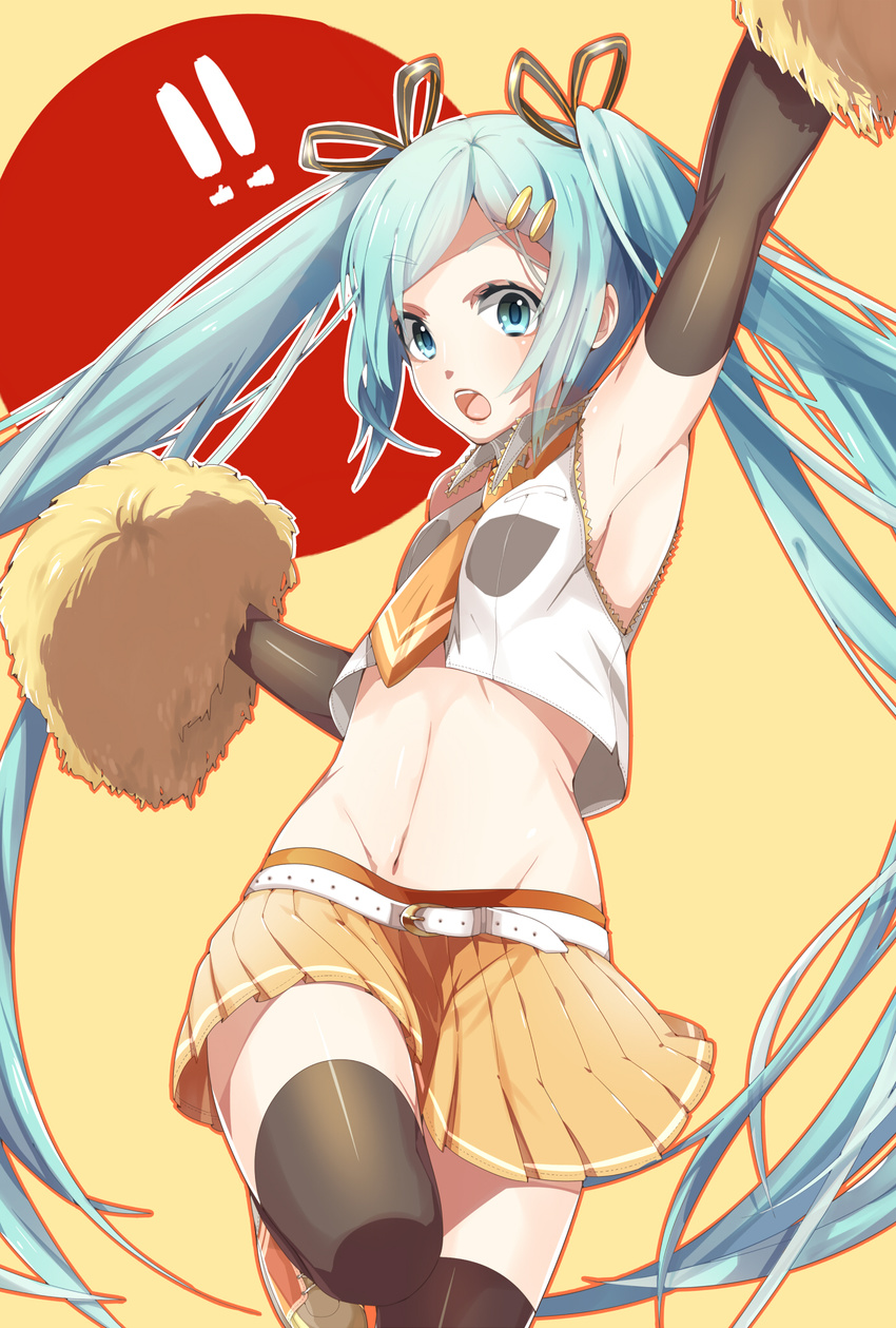 1girl 85 :o alternate_color aqua_eyes aqua_hair armpits arms_up cheerleader detached_sleeves hair_ornament hairclip hatsune_miku highres long_hair looking_at_viewer midriff navel necktie pom_poms shoes simple_background skirt solo thighhighs twintails very_long_hair vocaloid zettai_ryouiki