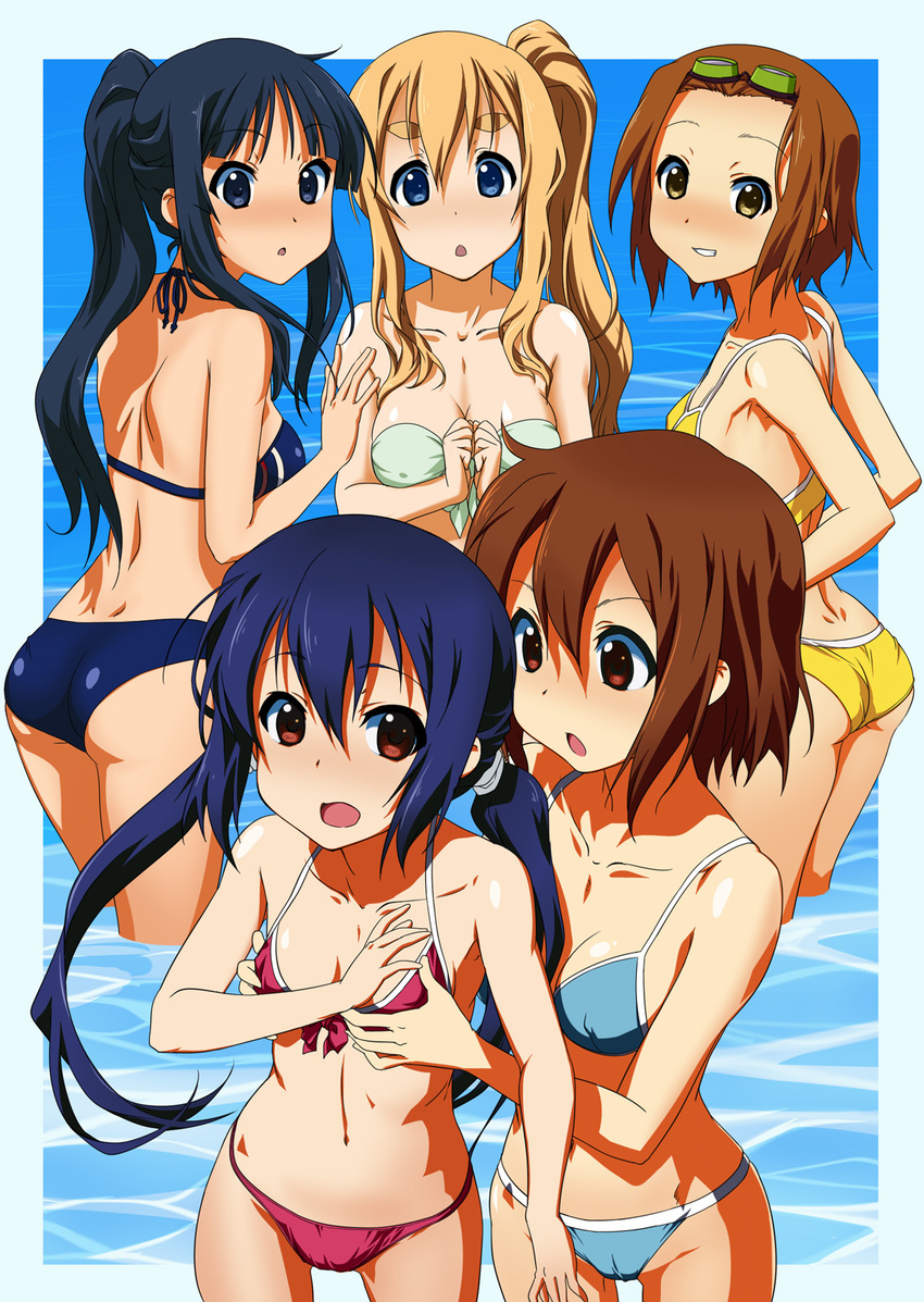 5girls :o akiyama_mio armpits ass back bandeau bikini black_hair blue_eyes blue_hair blush breast_grab breasts brown_hair cameltoe cleavage collarbone dimples_of_venus embarrassed eyebrows female flat_chest front-tie_top goggles grabbing groping highres hirasawa_yui k-on! kotobuki_hajime kotobuki_tsumugi long_hair looking_back multiple_girls nakano_azusa open_mouth ponytail red_eyes short_hair side_ponytail smile surprised swimsuit tainaka_ritsu twintails wading water yellow_eyes yuri