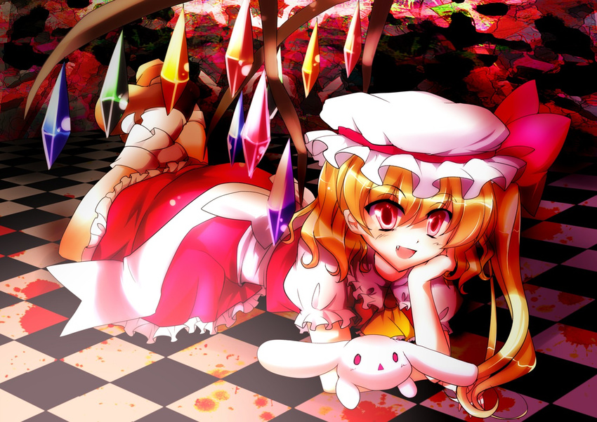 ascot bad_id bad_pixiv_id blonde_hair blood checkered checkered_floor fang flandre_scarlet fuupu hand_on_own_cheek hand_on_own_face hat hat_ribbon lying on_stomach red_eyes ribbon side_ponytail solo stuffed_animal stuffed_bunny stuffed_toy touhou wings