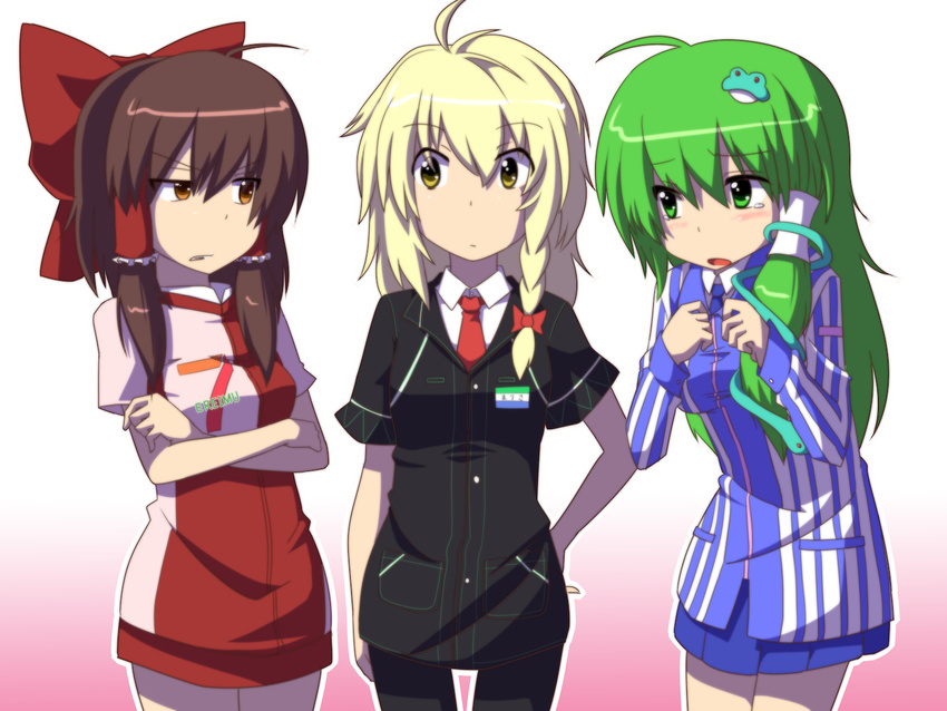 7-eleven angry blonde_hair bow brown_eyes brown_hair contemporary employee_uniform familymart green_hair hair_bow hakurei_reimu kirisame_marisa kochiya_sanae lawson leon_(mikiri_hassha) md5_mismatch multiple_girls nervous pantyhose tears touhou uniform yellow_eyes