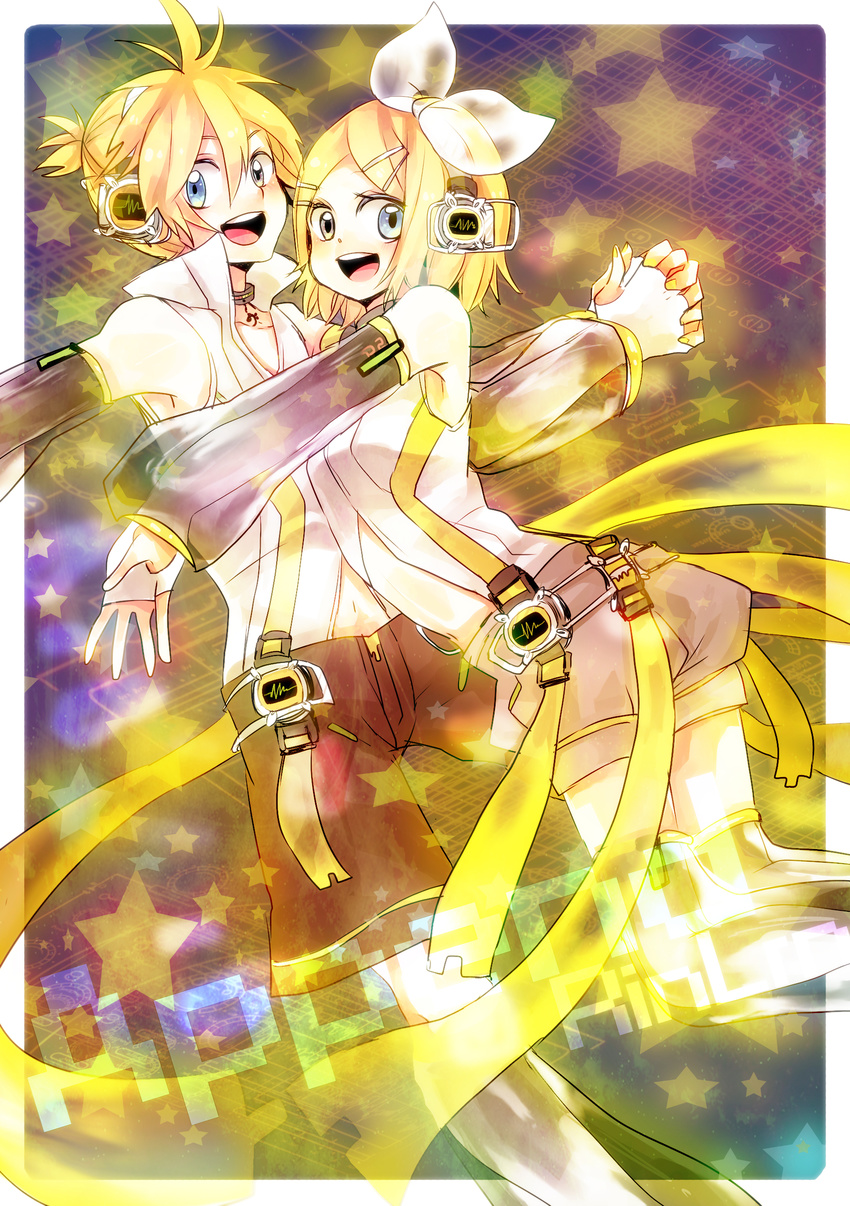 1girl absurdres akino_rinko arm_warmers blonde_hair blue_eyes brother_and_sister detached_sleeves hair_ornament hair_ribbon hairclip headphones highres kagamine_len kagamine_len_(append) kagamine_rin kagamine_rin_(append) leg_warmers ribbon short_hair shorts siblings twins vocaloid vocaloid_append