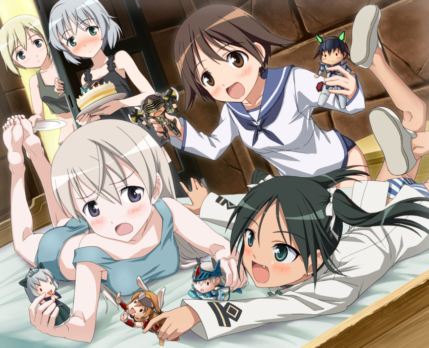 action_figure barefoot bed cake charlotte_e_yeager doll dutch_angle eila_ilmatar_juutilainen erica_hartmann fang food francesca_lucchini gertrud_barkhorn green_eyes hi-ho- highres lying military military_uniform miyafuji_yoshika multiple_girls on_stomach panties playing_games sailor sanya_v_litvyak strike_witches striped striped_panties thighhighs toy underwear uniform world_witches_series
