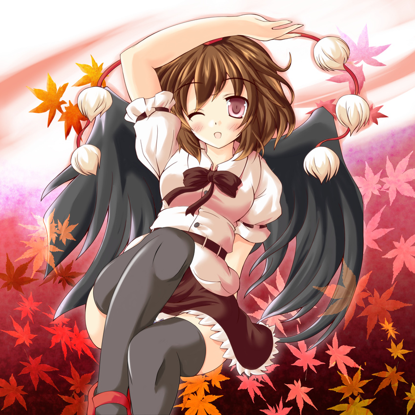 arm_up black_legwear black_wings blush bow bowtie brown_hair hat highres hiiragi_tomoka leaf looking_at_viewer maple_leaf one_eye_closed pink_eyes red_eyes shameimaru_aya short_hair smile solo thighhighs tokin_hat touhou wings zettai_ryouiki