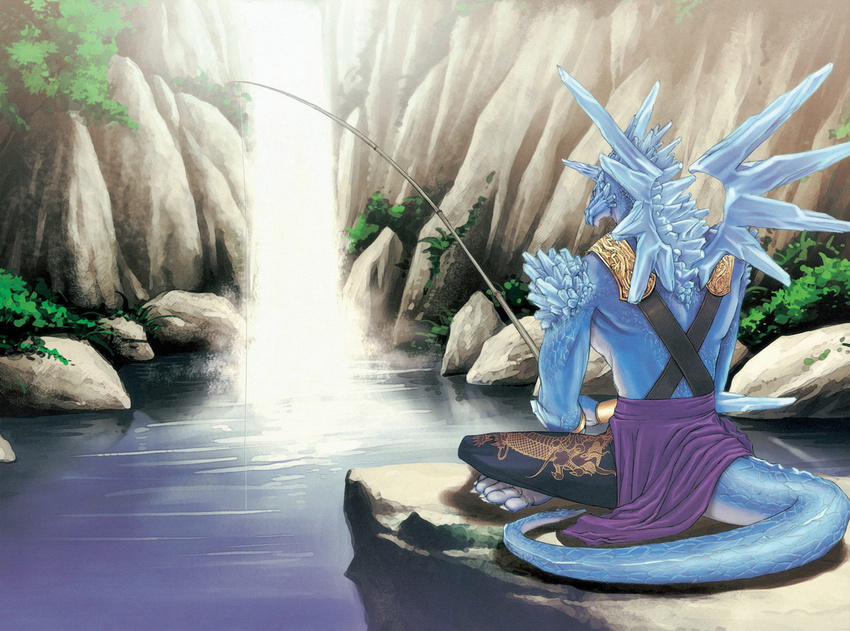 claws dragon fishing fishing_pole horns male scalie tail unknown_artist water wings